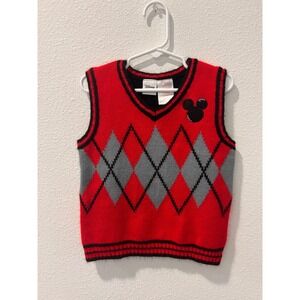 Disney Mickey Mouse Kids Red Argyle Knit Sweater Vest V-Neck Size 4T